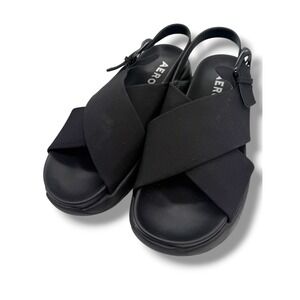 Aerosoles Camera Black Stretch Crisscross Platform Slingback Sandals Womens
